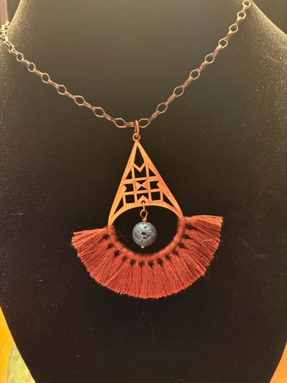 Boho Rust Colored Tassel Pendant Bronze Necklace with Blue Bead